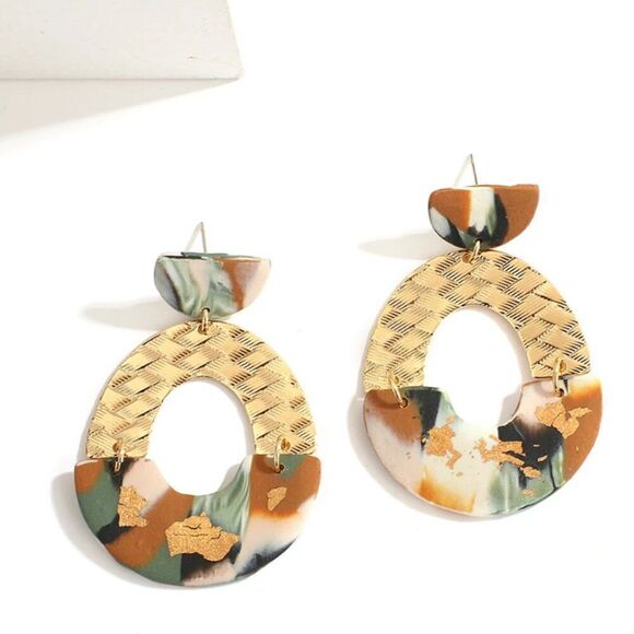 Mermaid Scales Green Marbled Gold Mixed-Media Drop Earrings - Picture 1 of 6